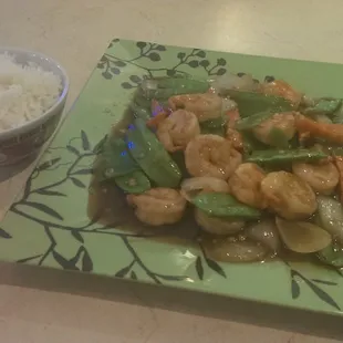 Shrimp w/ Snow Peas with a side of steamed rice.