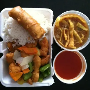 Sweet and sour chicken, egg roll, and hot and sour soup ($10.45)