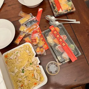 Carry out chicken fried rice, Crunch Munch roll, and another roll (can't remember the name)