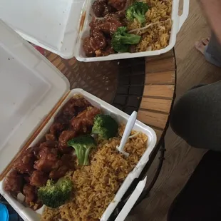 General Tso chicken and sesame chicken combo platters (it came with egg rolls too) huge portions!