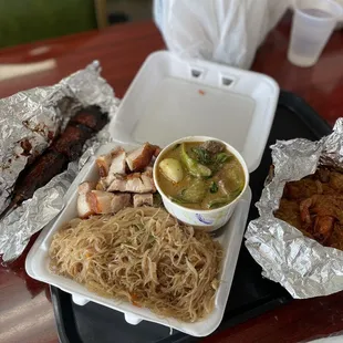 Pancit and two entrees (lechon belly and kare kare) box with extra sides