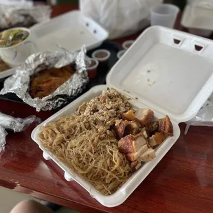 Pancit and two entrees (lechon belly and sisig) box