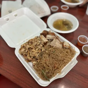 Pancit with two entrees (sisig and lechon)