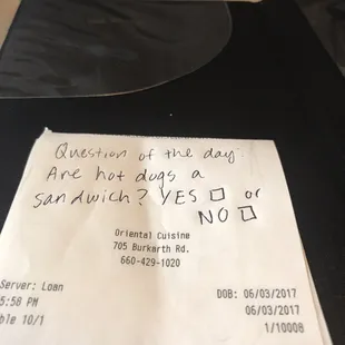 Best receipt ever! So... is a hot dog a sandwich?
