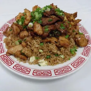 Combo fried rice, comes with chicken beef shrimp.