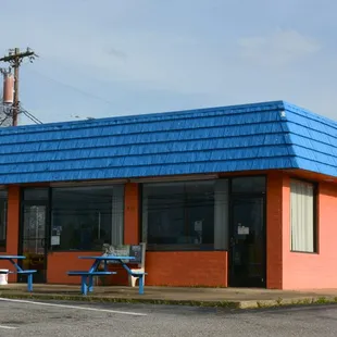blue roof and orange building