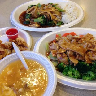 three plates of food on a table