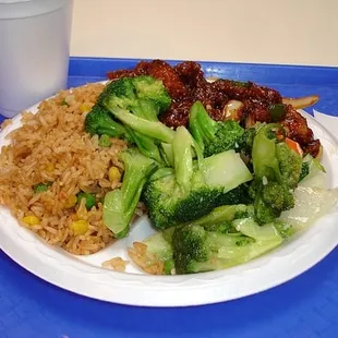 a plate of rice, broccoli, and beans
