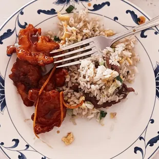 a plate of food with rice and meat