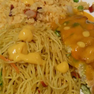 Singapore Mei Fun, Pork Fried Rice and Shrimp Egg Foo Young