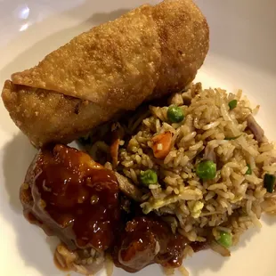 Jumbo egg roll, pork fried rice with added bean sprouts.