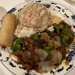 Pepper steak and I asked and added their chili oil. Steamed rice (I added the soy sauce)