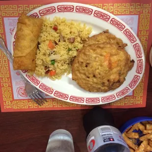 Egg foo young (before we put sauce on top,) fried rice, egg roll &amp; drink are part of the lunch special in addition to the soup.