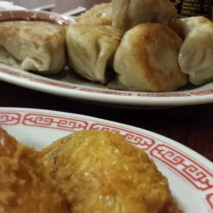 Pan fried dumplings and chicken wings.