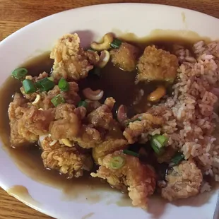 Cut up chicken strips made to create cashew chicken.