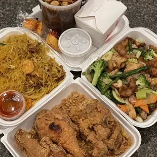 Singapore Noodles, hot &amp; sour soup, stir fried vegetables, fried chicken.