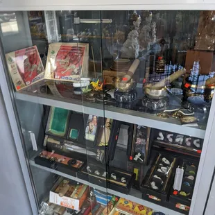 a display case full of items