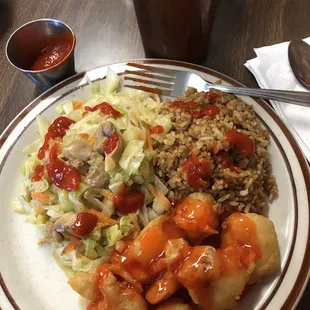 Sweet and sour pork and fried rice and a cabbage dish I can&apos;t remember the name but was delicious!