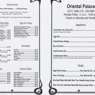 Front Page and Back Page of DIner Menu Offered all day