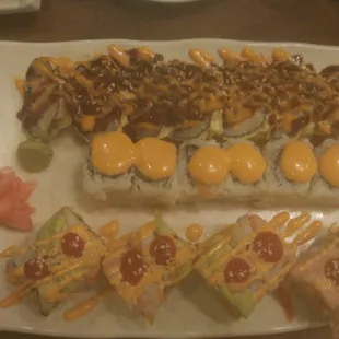 (Bottom to top)  spicy mexican roll, spicy salmon, dynamite roll