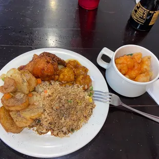 a plate of food and a cup of coffee