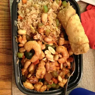 Kung pao chicken with some shrimp from my daughters lo mein! Will be our regular place for take out!!
