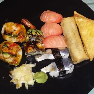 Lobster Roll, Flying Dragon roll, Saba(Mackerel) Sushi, Smoked Salmon sushi, Crab Rangoon and Spring rolls.