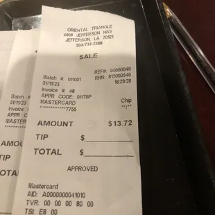 Receipt for combo dinner