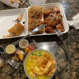 Egg drop soup, sesame chicken.