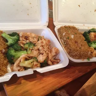 Chicken and Broccoli and Shrimp and Veggies combo dinners