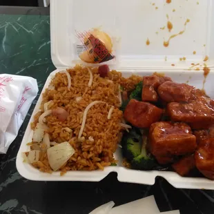 General Tso tofu meal special $8 w eggroll and roast pork fried rice