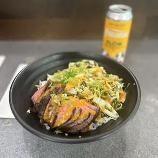 Five spice tri tip rice bowl with baby Bok Choy