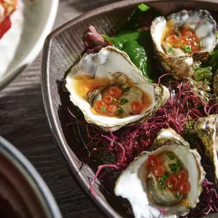 Fresh Kumamoto oysters in Leche De Tigre, ponzu, ikura, shallots &amp; chive.