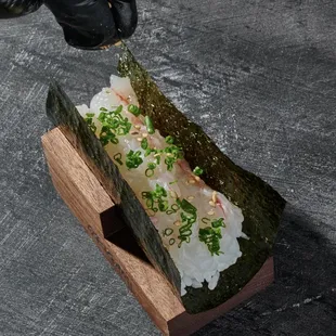 Premium Amaebi  (Sweet shrimp) handroll.