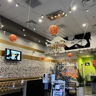 basketballs hanging from the ceiling
