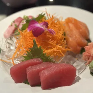 Salmon, tuna, yellowtail sashimi