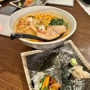spicy tuna hand roll ($7.75) &amp; spicy miso ramen ($14.25)