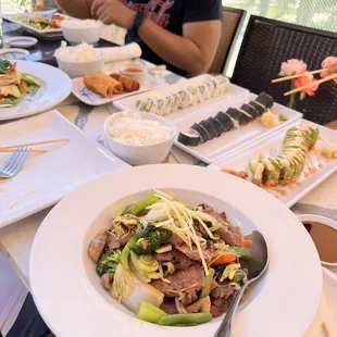 Ginger black bean beef. JBroll, Dragon roll, California roll and Green curry.