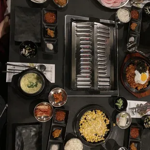a table of food and utensils