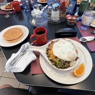 Lumberjack skillet, pancakes, strawberry banana crepes.