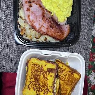 House special. Eggs  , ham, the most delicious hash brown potatoes you can get, and french toast. I ordered an extra side of french toast.