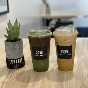 Left: matcha with vanilla, coffee, and soy milk. Right: Golden ratio with oat milk. So yummy!