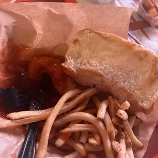 3 pc chicken tender with hot honey, fries, and toast. Not the best photo, I ate about half before I realized to make a review lol