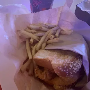 Chicken tender sandwich and fries