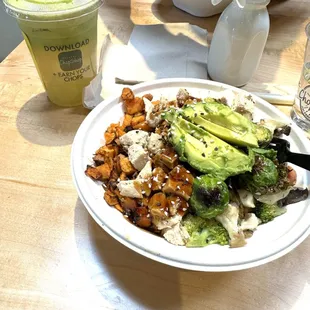 Teriyaki Chicken Bowl with sweet potato hash, green cold pressed juice