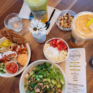 Hot honey chicken + honey bowl. Thai coconut chicken bowl. Acai bowl. Daily detox juice. Face lift juice.