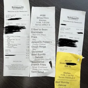 the receipt for the restaurant
