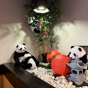 two stuffed panda bears sitting on a table