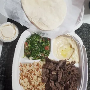 Beef Platter with Hummus + Pita, Rice Pilaf and Tabouli