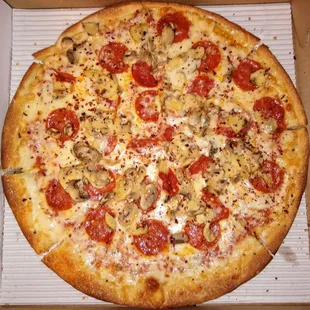 Large pepperoni and mushrooms pizza.
